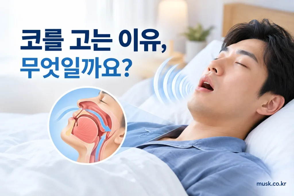 잠자는 동안 기도가 좁아져 코골이가 생기는 원인을 보여주는 건강정보 이미지