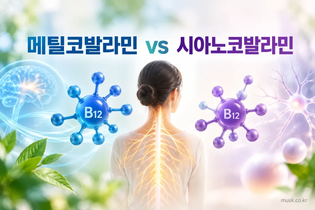 메틸코발라민과 시아노코발라민의 차이를 비교한 비타민B12 건강정보 이미지