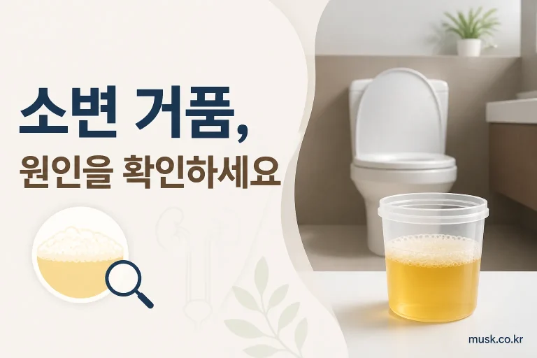 변기 속 소변에 생긴 거품과 소변 거품 원인을 설명하는 대표 이미지
