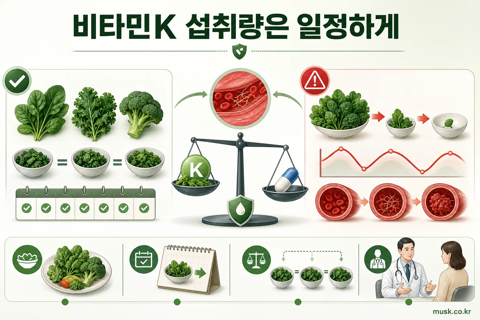 와파린 복용 중 녹색 잎채소 섭취량을 일정하게 유지하는 안내 이미지