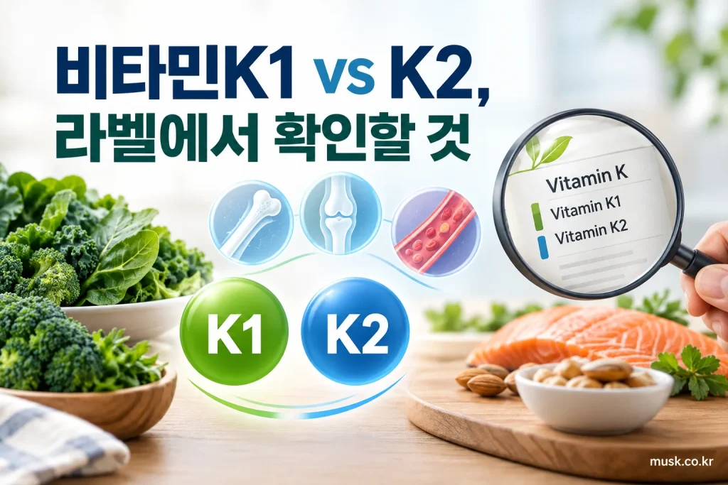 녹색 잎채소와 발효식품을 배경으로 비타민K1과 비타민K2의 차이를 비교한 이미지