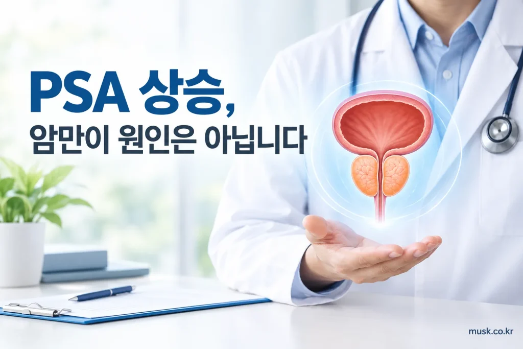 PSA 수치 상승이 전립선암 외에도 여러 원인으로 발생할 수 있음을 보여주는 이미지