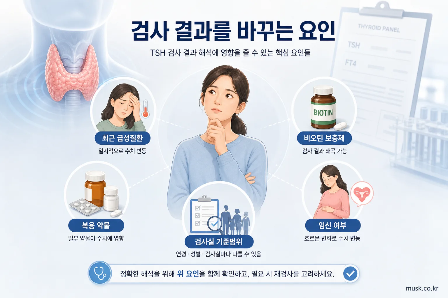 TSH 수치가 높으면 무슨 뜻인가요? FT4와 함께 해석하는 방법 6 TSH 검사 결과에 영향을 줄 수 있는 약물과 보충제 및 건강상태