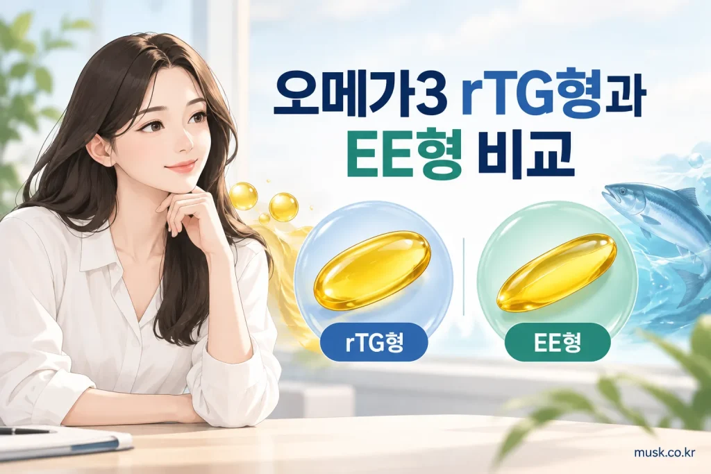 오메가3 rTG형과 EE형의 분자 형태와 특징을 비교한 이미지