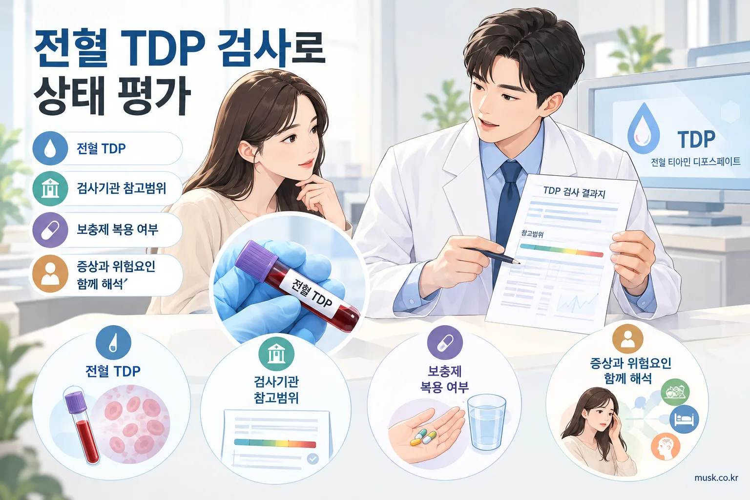 비타민B1 부족은 어떤 기준으로 확인할까 3 전혈 티아민 디포스페이트 TDP 검사와 결과 해석 기준을 보여주는 인포그래픽
