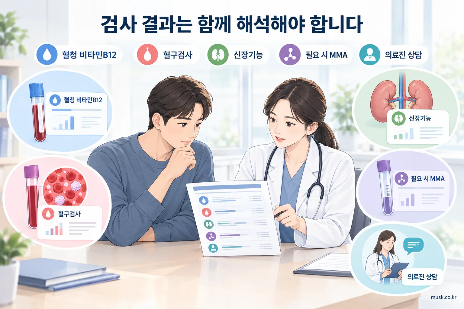 비타민B12 검사 결과와 혈구검사 및 신장기능을 함께 해석하는 과정