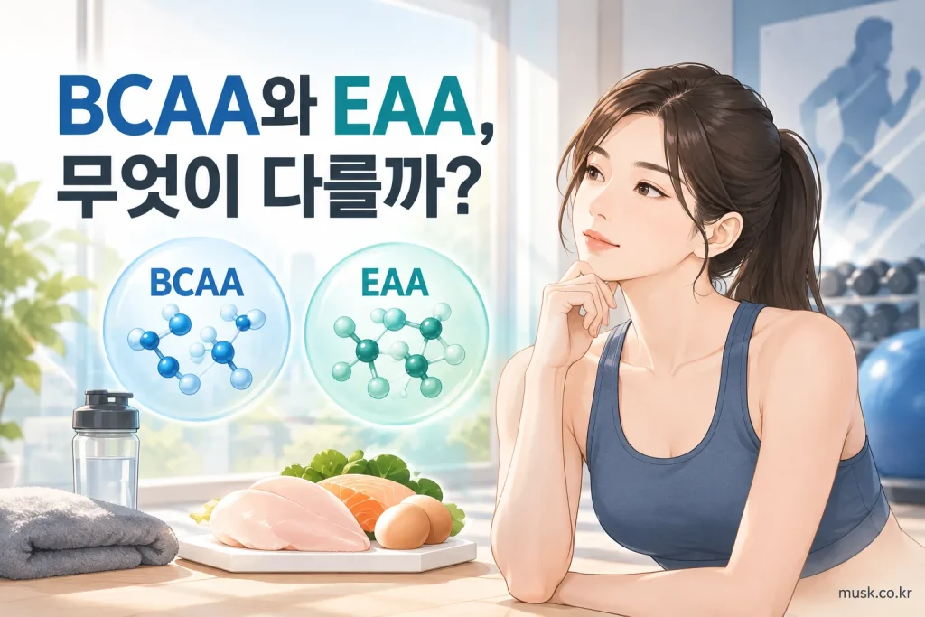 BCAA와 EAA의 차이를 비교하는 운동 보충제 일러스트