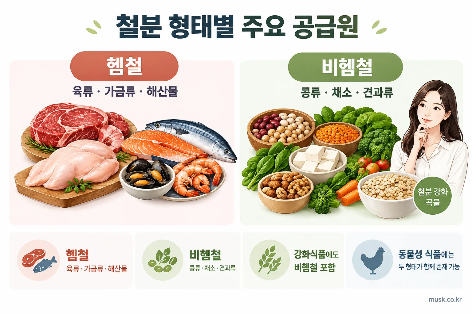 헴철과 비헴철은 어떻게 다를까 2 헴철과 비헴철의 주요 식품 공급원 비교