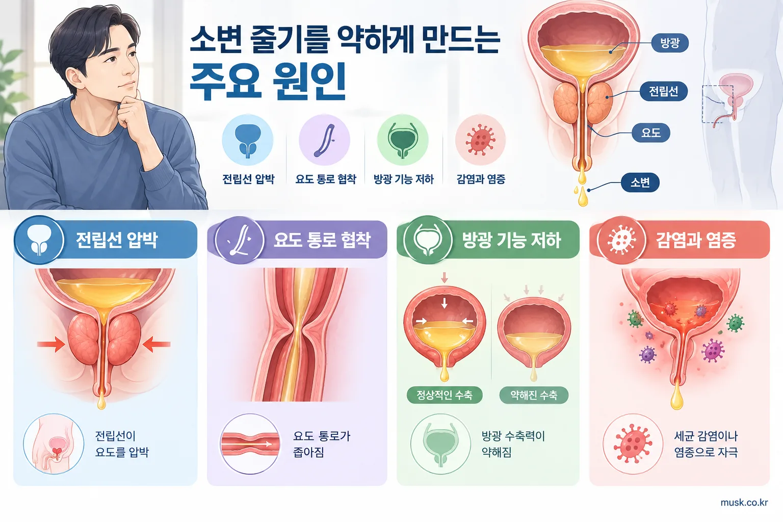 소변 줄기가 약해지는 이유, 나이가 들면 흔한 변화일까 2 전립선 압박과 요도협착, 방광 기능 저하 등 소변 줄기를 약하게 만드는 원인 인포그래픽