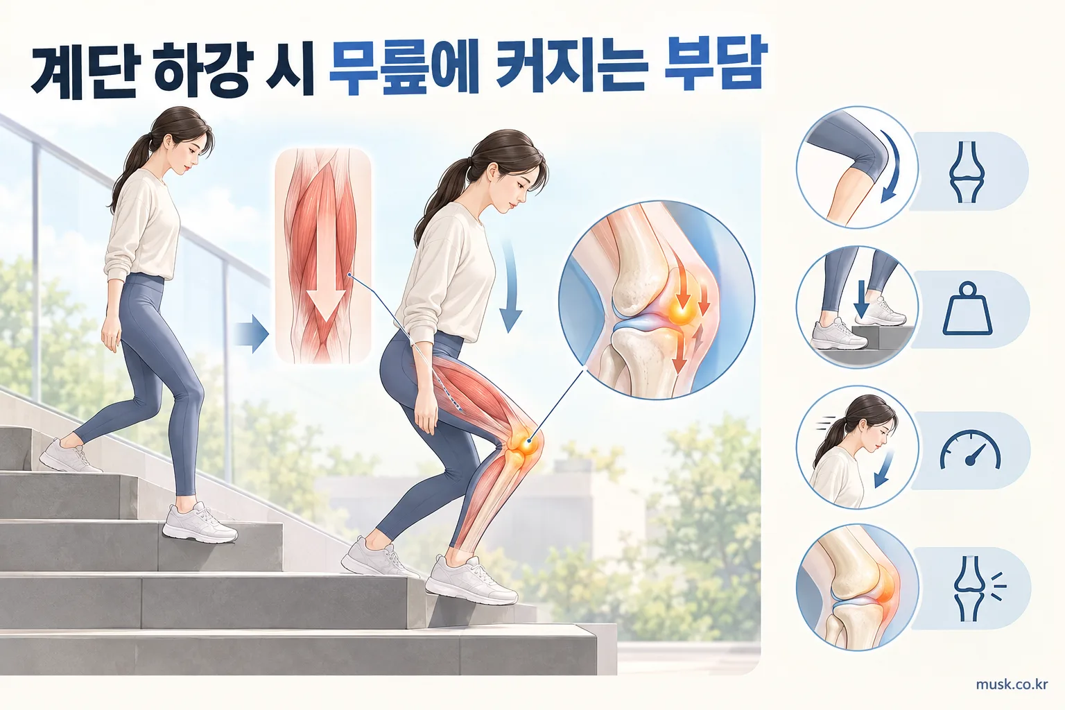 계단을 내려갈 때 무릎이 아픈 이유는 무엇인가 2 계단을 내려갈 때 무릎 굽힘과 체중 지탱으로 하중이 커지는 과정