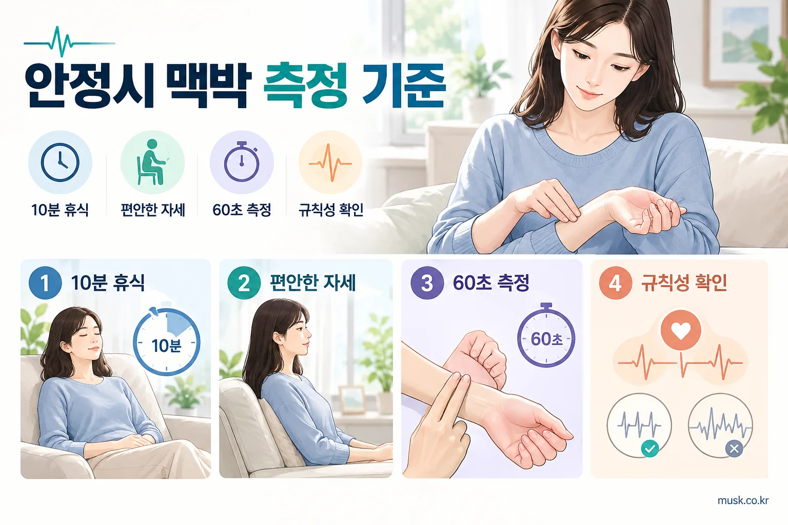 성인 맥박 정상수치는 얼마인가요? 상황별로 달라지는 맥박 이해하기 2 손목에서 검지와 중지로 60초 동안 맥박을 측정하는 방법