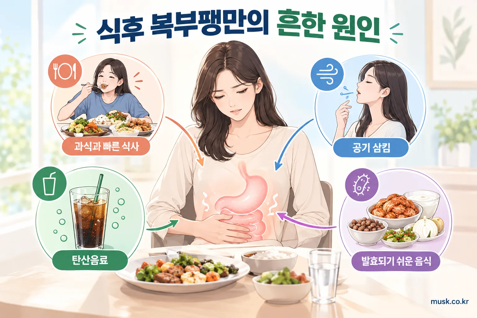 과식과 빠른 식사, 탄산음료 등 식후 복부팽만의 흔한 원인