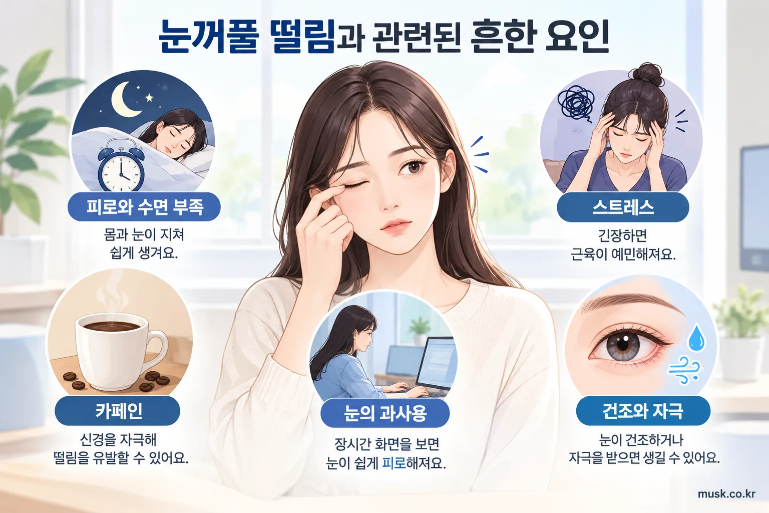 피로와 수면 부족, 스트레스, 카페인, 눈의 과사용과 건조 등 눈꺼풀 떨림과 관련된 요인