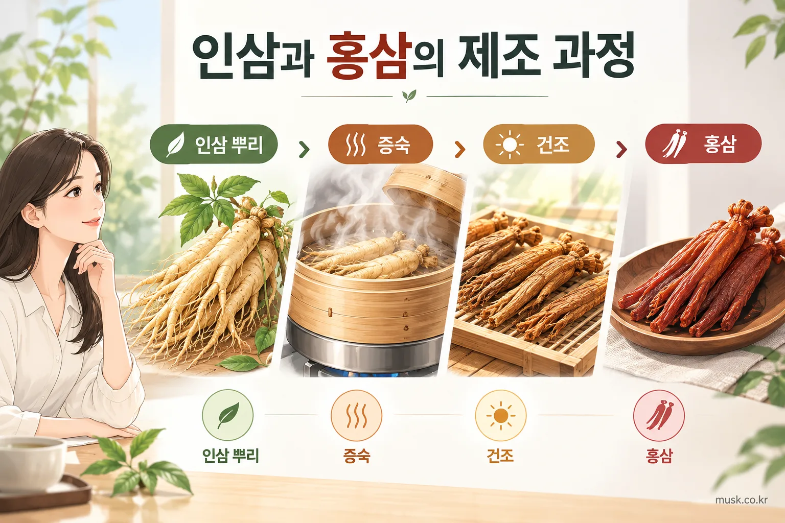 인삼 뿌리를 찌고 말려 홍삼을 만드는 과정