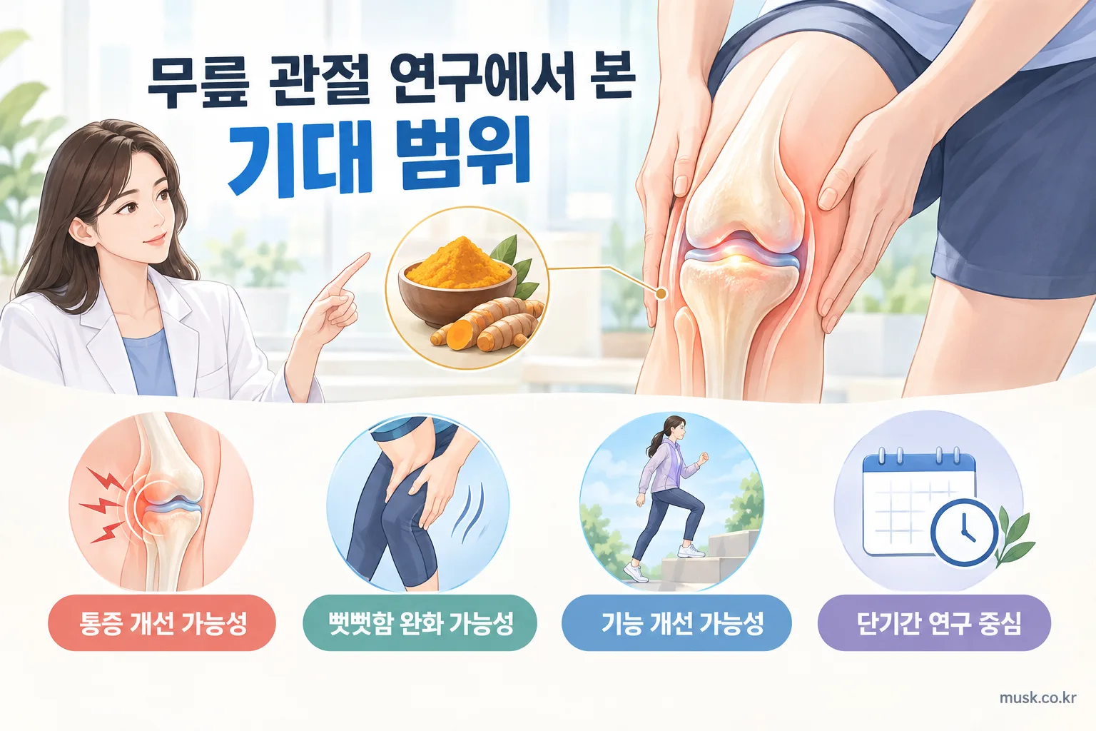 커큐민은 관절 건강에 도움이 되나? 연구 근거와 기대 범위 2 커큐민 연구에서 확인된 무릎 골관절염 통증과 기능 개선 가능성 인포그래픽