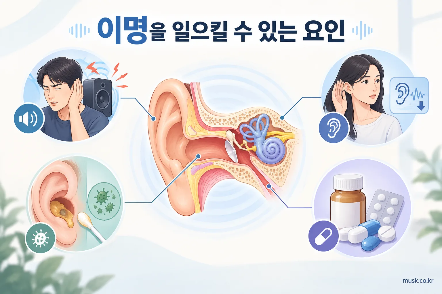 소음과 청력 변화, 귀지, 감염, 약물 등 이명과 관련된 요인을 보여주는 의료 일러스트