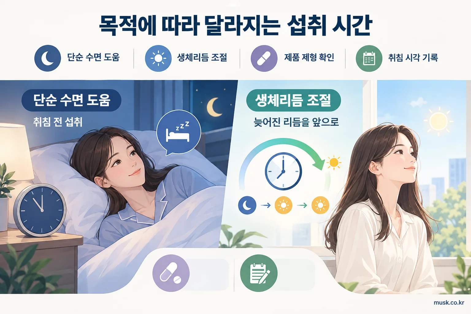 단순 수면 도움과 생체리듬 조절에 따른 멜라토닌 섭취 시간 비교