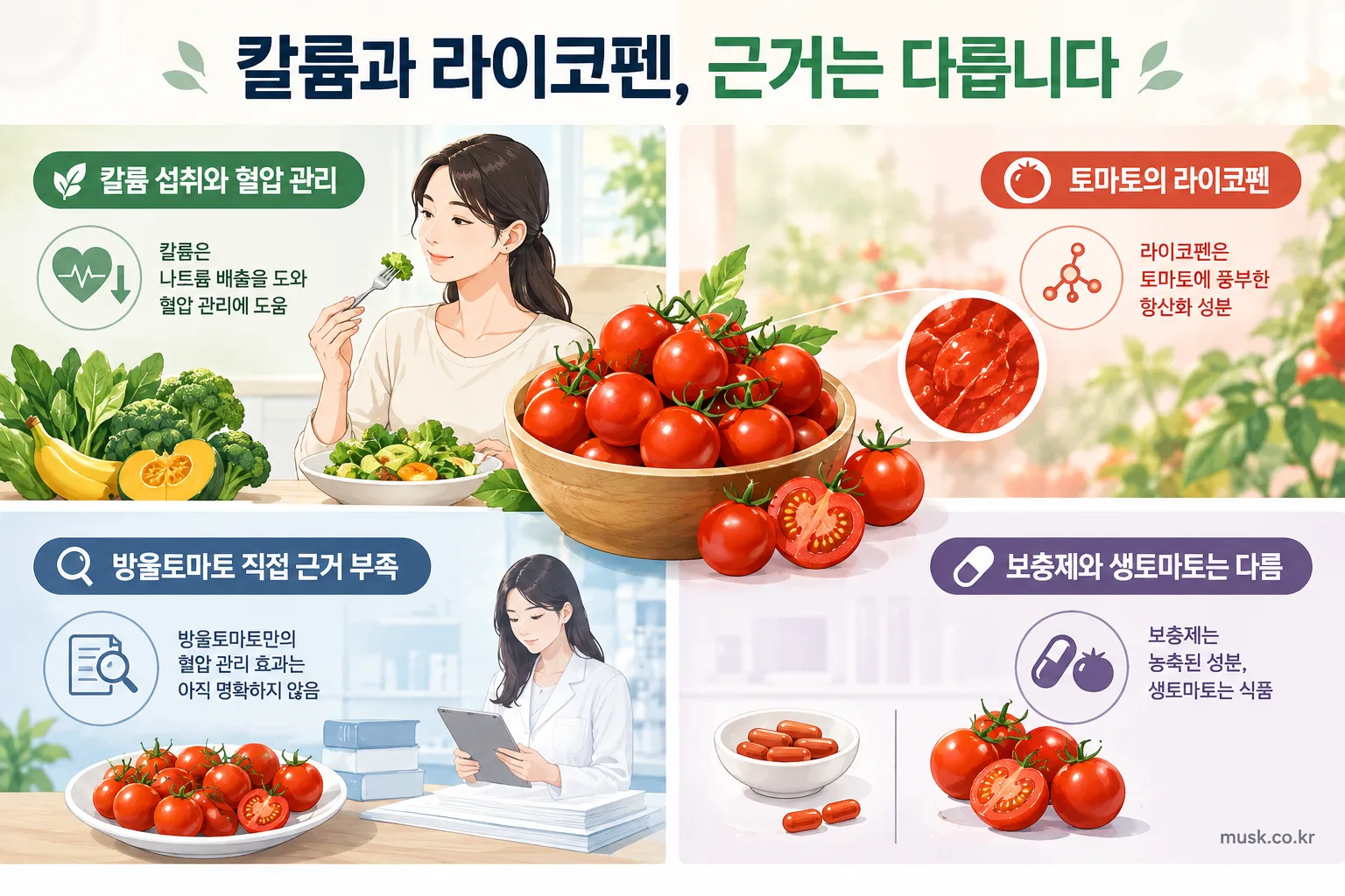 방울토마토의 칼륨과 라이코펜 및 혈압 관련 근거를 설명하는 인포그래픽