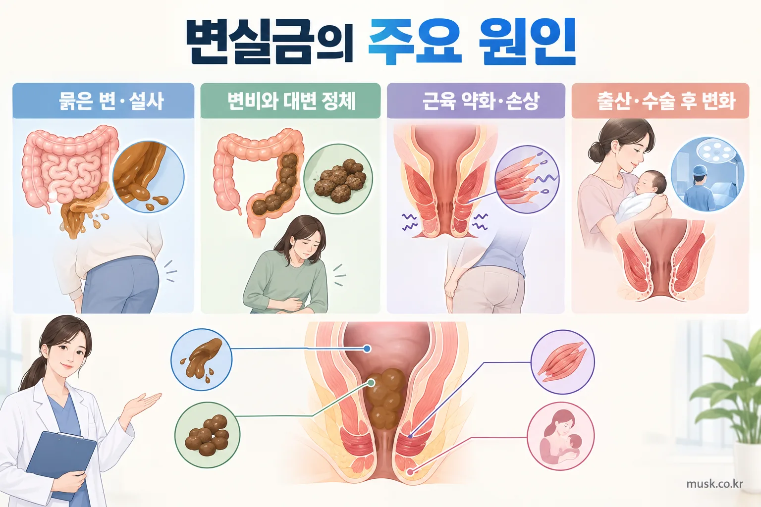 묽은 변, 변비, 근육 약화, 출산과 수술 후 변화 등 변실금의 주요 원인