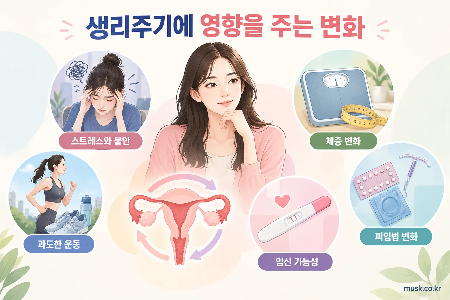 스트레스와 체중 변화, 운동, 임신, 피임법 등 생리주기에 영향을 줄 수 있는 요인