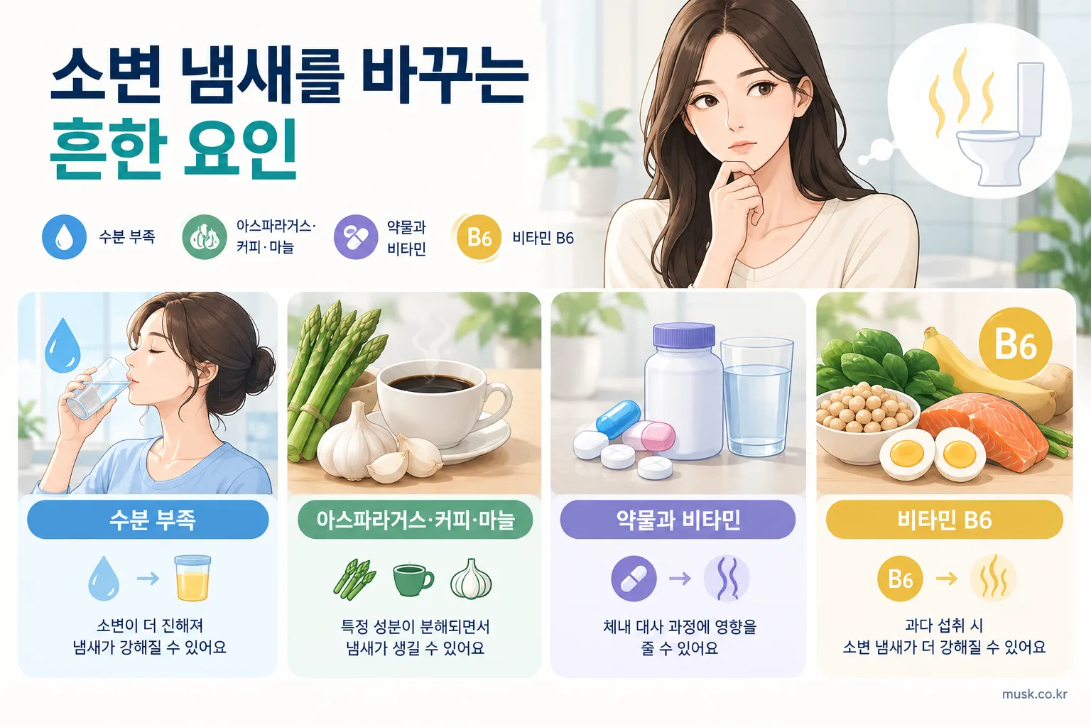 수분 부족과 음식, 약물 및 비타민이 소변 냄새를 바꿀 수 있음을 보여주는 인포그래픽