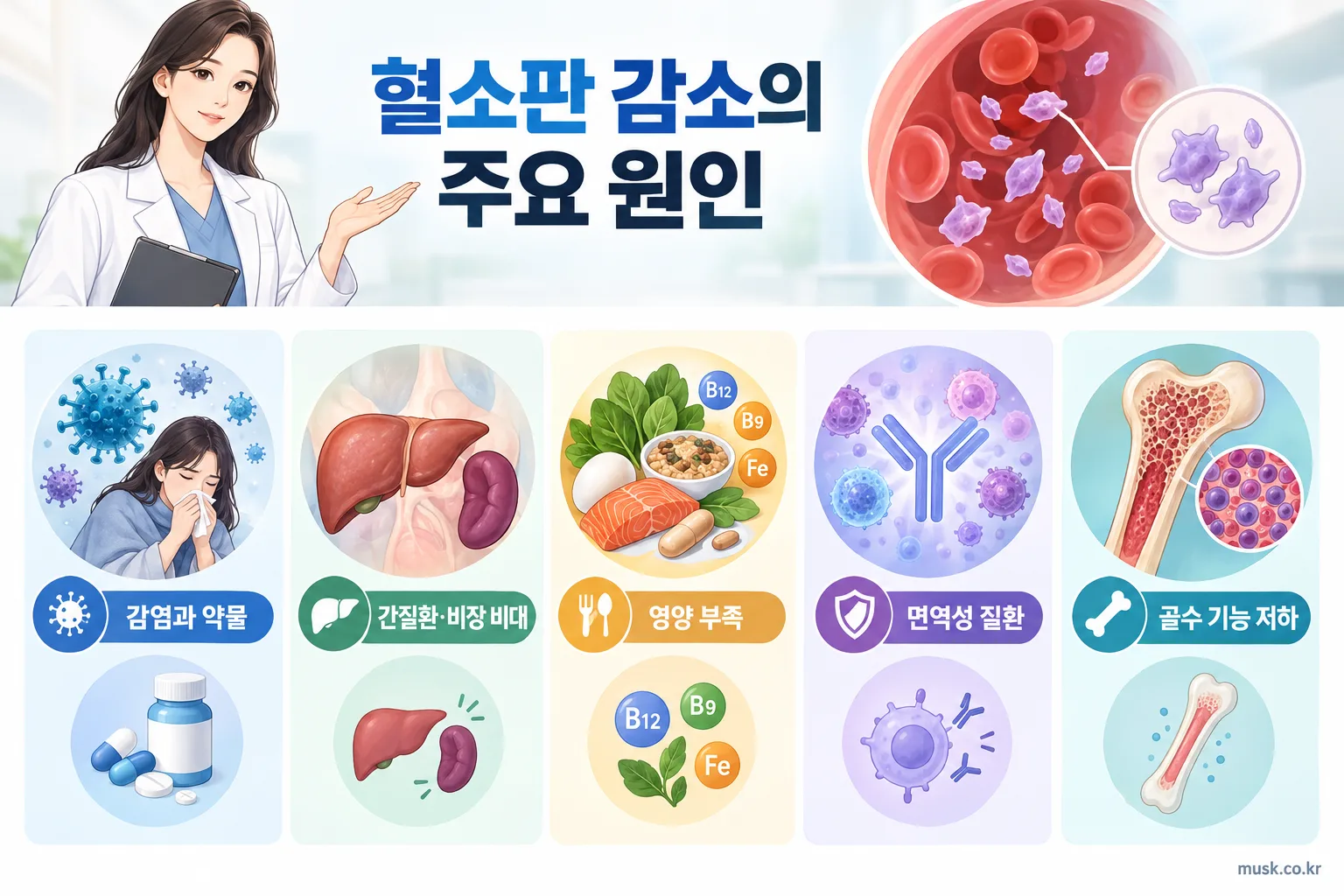 혈소판 수치가 낮은 이유와 검사 결과에서 함께 확인할 점 2 감염, 약물, 간질환, 비장 비대, 영양 부족 등 혈소판 감소 원인