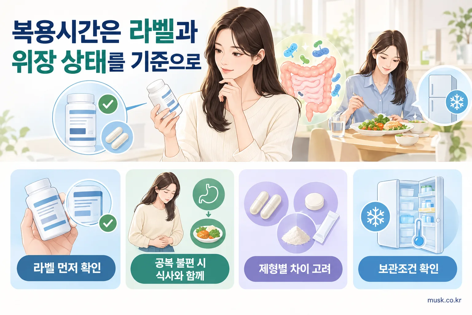 프로바이오틱스는 식전과 식후 언제 먹어야 할까 2 프로바이오틱스 복용 시 제품 라벨과 제형 및 보관조건을 확인하는 안내 이미지
