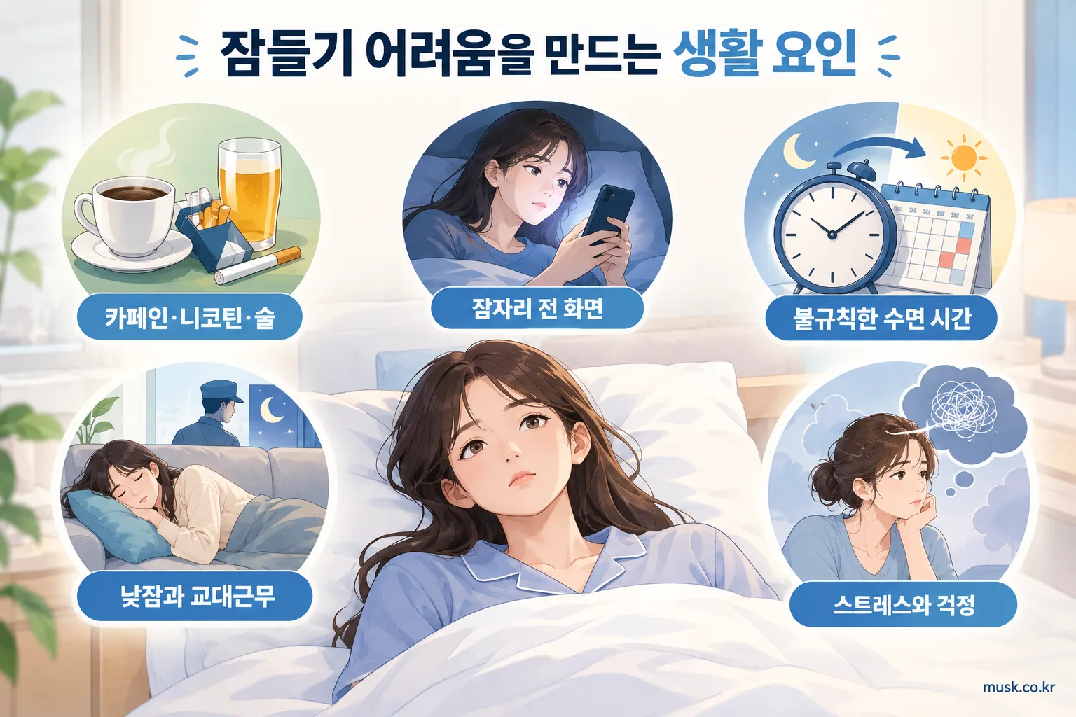 잠이 안 드는 이유와 쉽게 잠들기 어려울 때 확인할 점 2 카페인, 스마트폰, 불규칙한 수면 시간과 스트레스 등 잠들기 어려움을 만드는 생활 요인