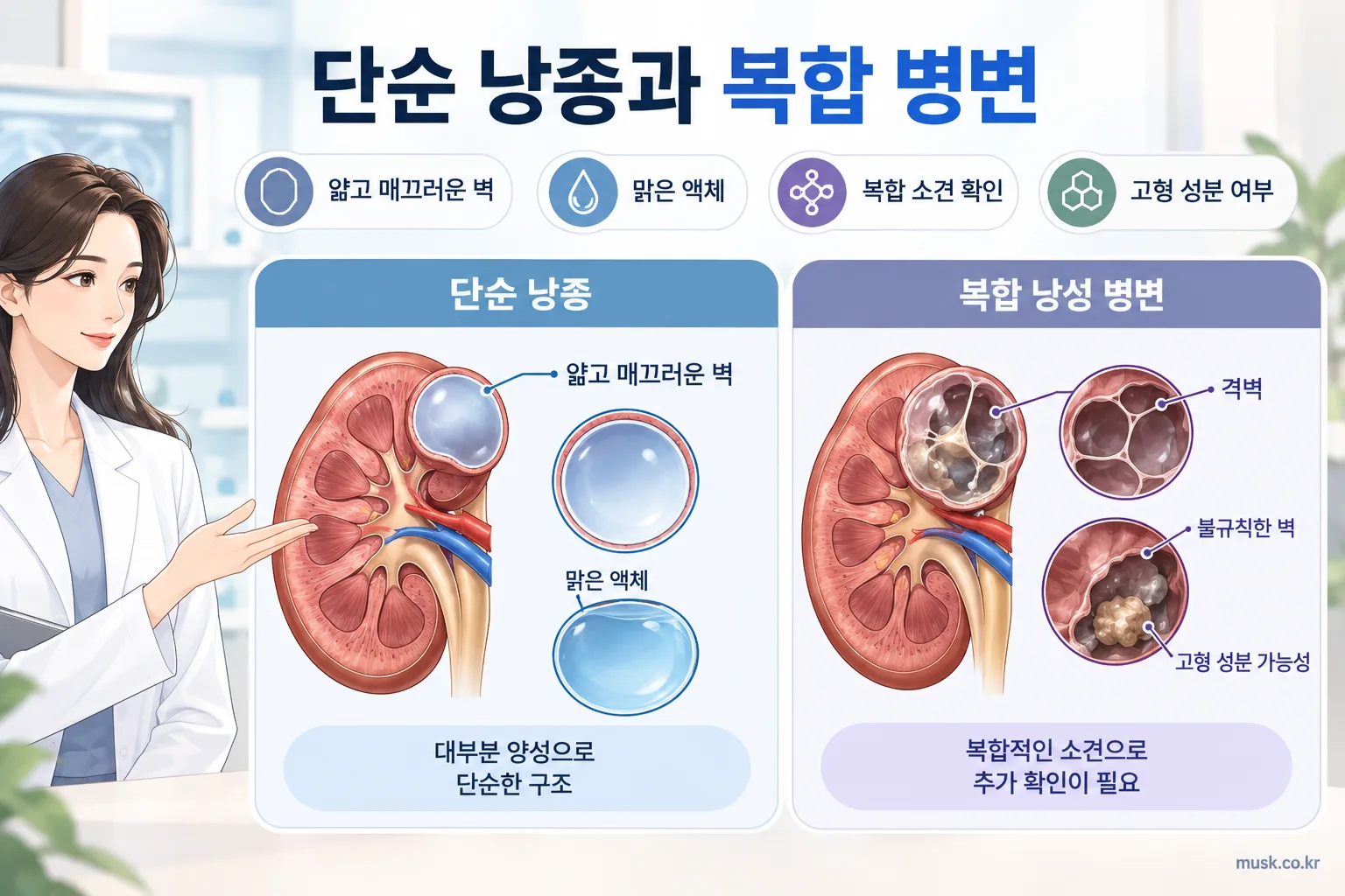 단순 신장 낭종과 복합 낭성 병변의 차이를 보여주는 의료 일러스트