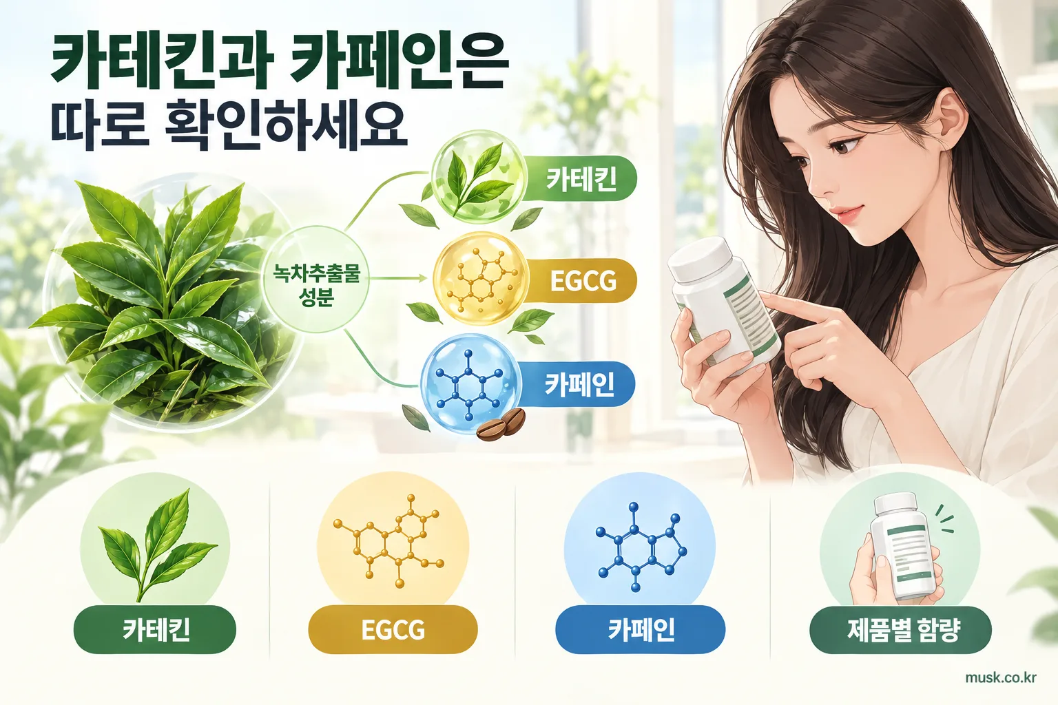 녹차추출물은 카페인 때문에 주의해야 하나 2 녹차추출물의 카테킨 EGCG 카페인 함량을 따로 확인하는 성분표 이미지