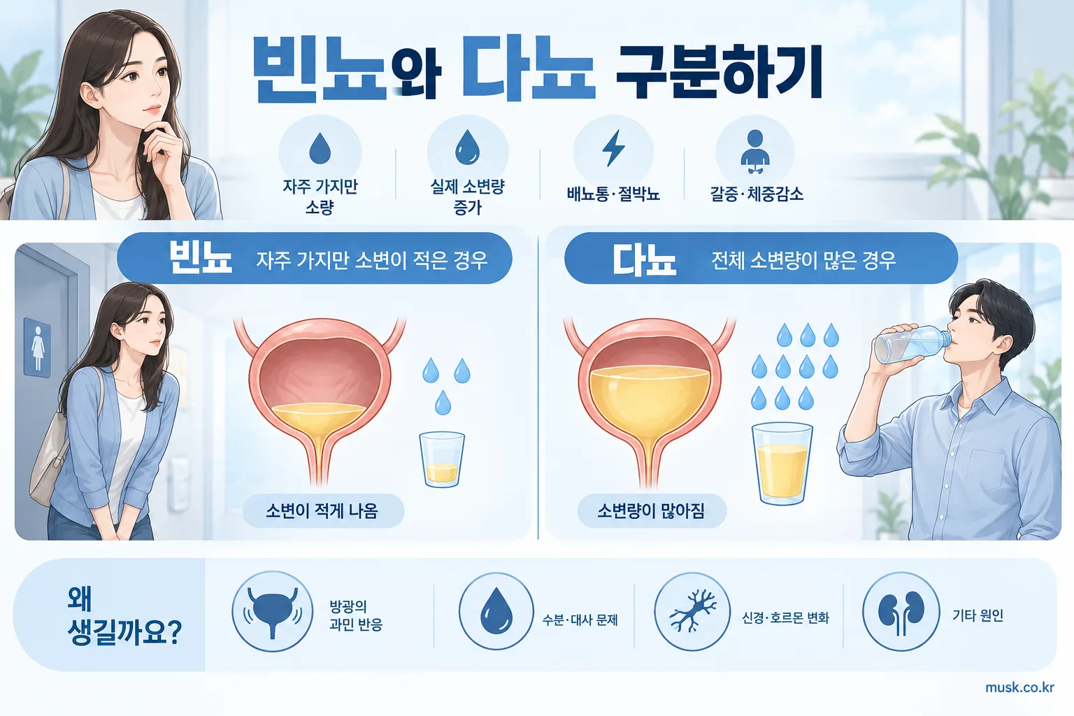 자주 소변을 보지만 양이 적은 빈뇨와 실제 소변량이 증가한 다뇨의 차이