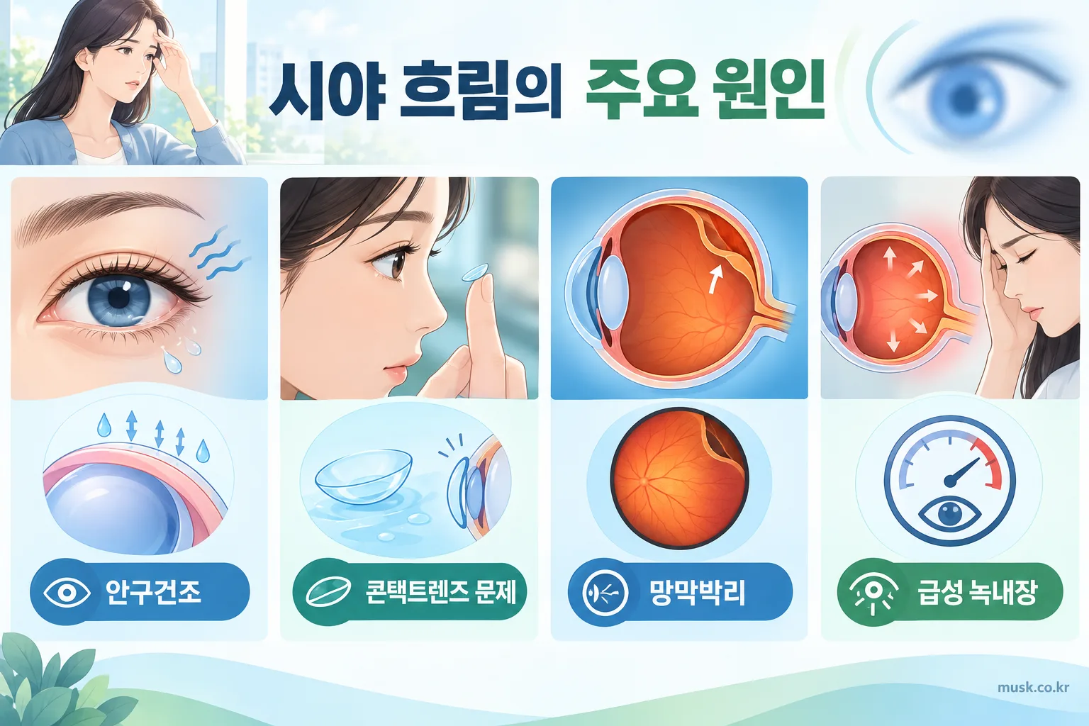 안구건조, 콘택트렌즈 문제, 망막박리, 급성 녹내장 등 시야 흐림 원인 설명 이미지