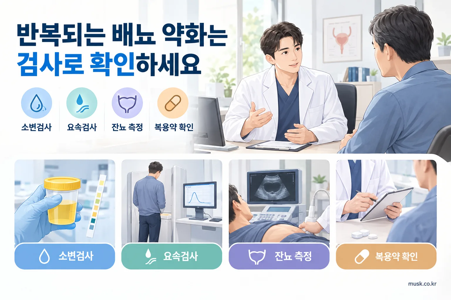 소변 줄기가 약해지는 이유, 나이가 들면 흔한 변화일까 3 소변검사와 요속검사, 잔뇨 측정 등 배뇨 약화 평가 방법 인포그래픽