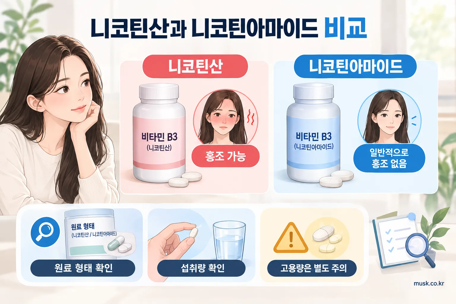 니코틴산과 니코틴아마이드의 홍조 차이 비교