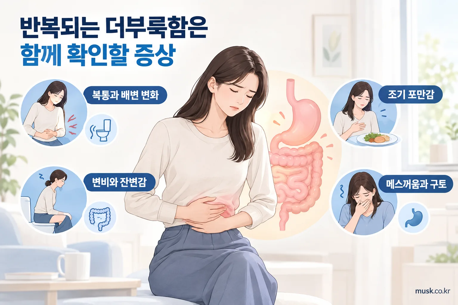 복통과 배변 변화, 변비, 조기 포만감 등 반복되는 복부팽만의 확인 증상