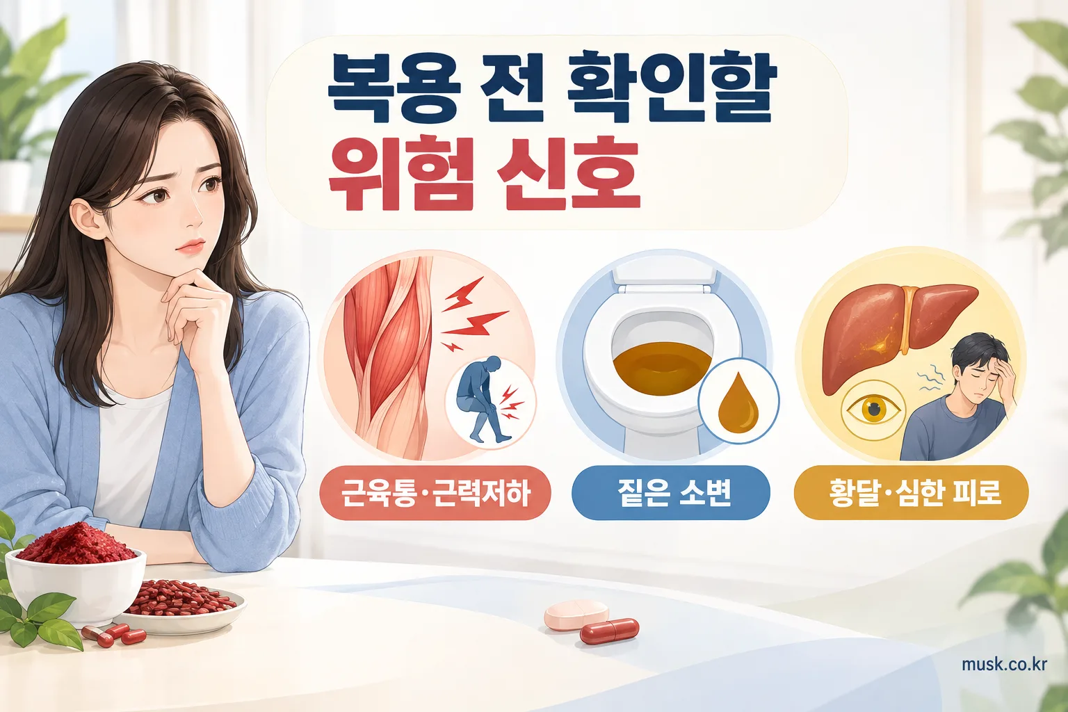 홍국과 스타틴 복용 중 확인해야 할 근육 및 간 관련 증상 인포그래픽