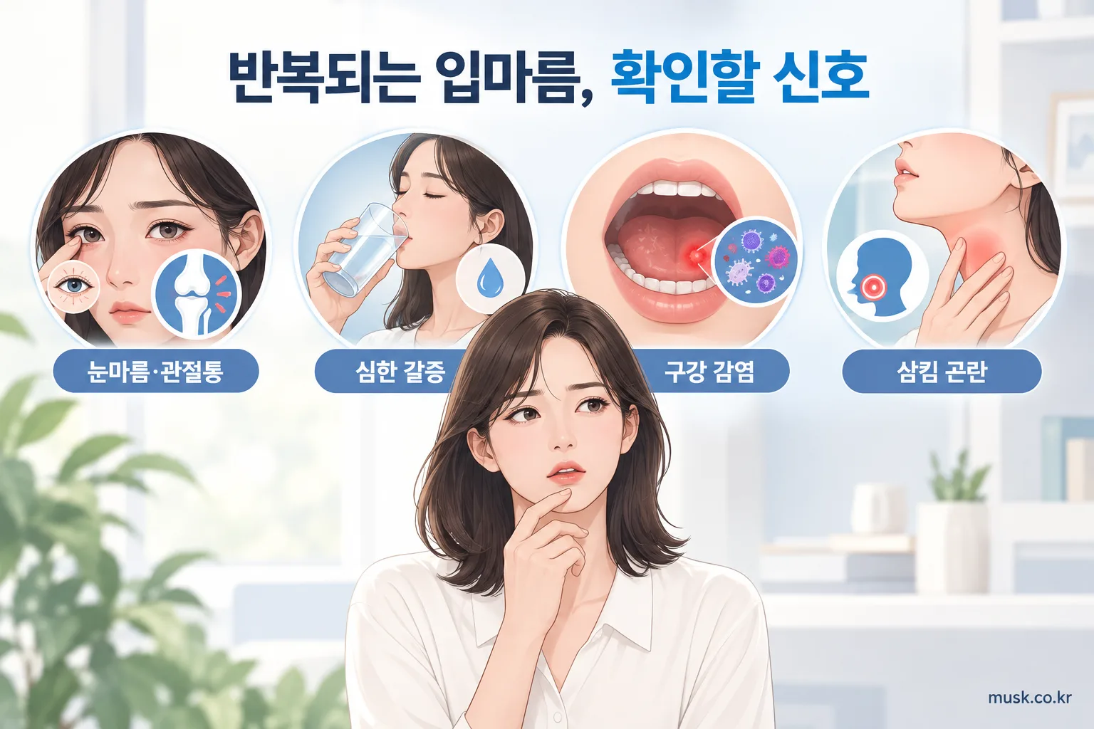 입이 자주 마르는 이유와 확인해야 할 상황 3 입마름과 함께 나타날 수 있어 진료가 필요한 동반 증상