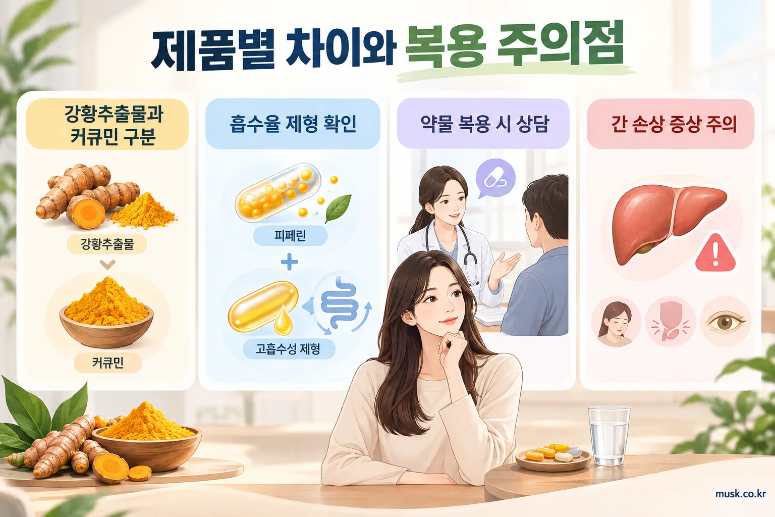 커큐민은 관절 건강에 도움이 되나? 연구 근거와 기대 범위 3 커큐민 제품의 성분 차이와 약물 상호작용 및 간 손상 주의사항 인포그래픽
