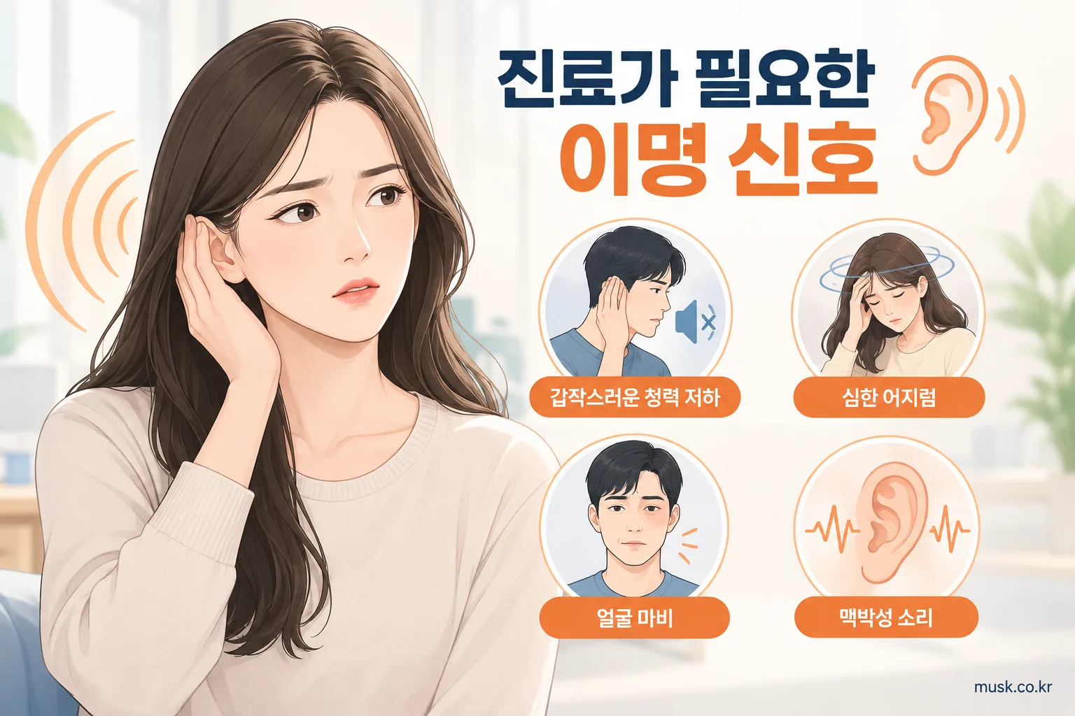 갑작스러운 청력 저하와 어지럼, 얼굴 마비, 맥박성 소리 등 진료가 필요한 이명 신호를 보여주는 인포그래픽