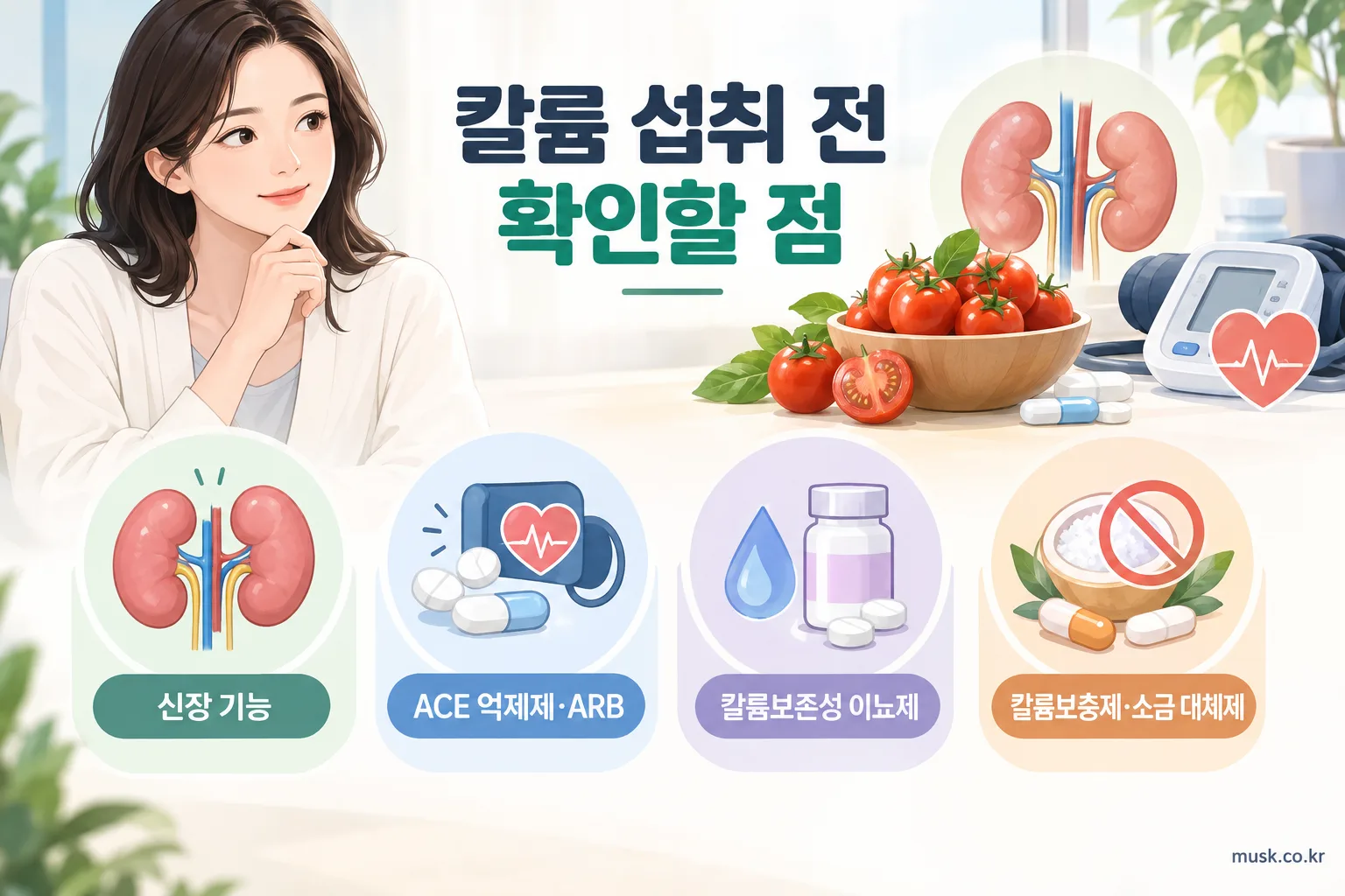 신장 기능과 혈압약 복용 시 칼륨 섭취에 주의해야 하는 내용을 보여주는 인포그래픽