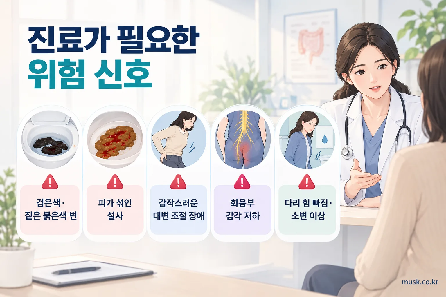 검은색 변과 혈변, 갑작스러운 대변 조절 장애 등 변실금의 위험 신호