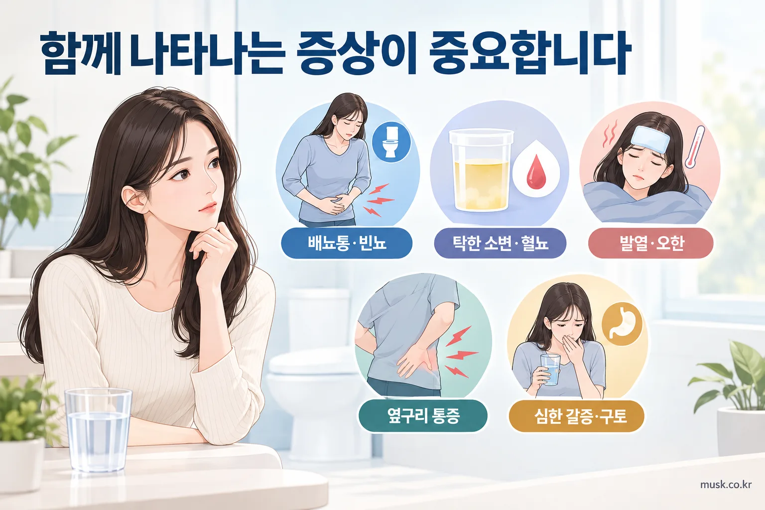 소변 냄새 변화와 함께 나타날 수 있는 배뇨통, 혈뇨, 발열, 옆구리 통증을 보여주는 인포그래픽