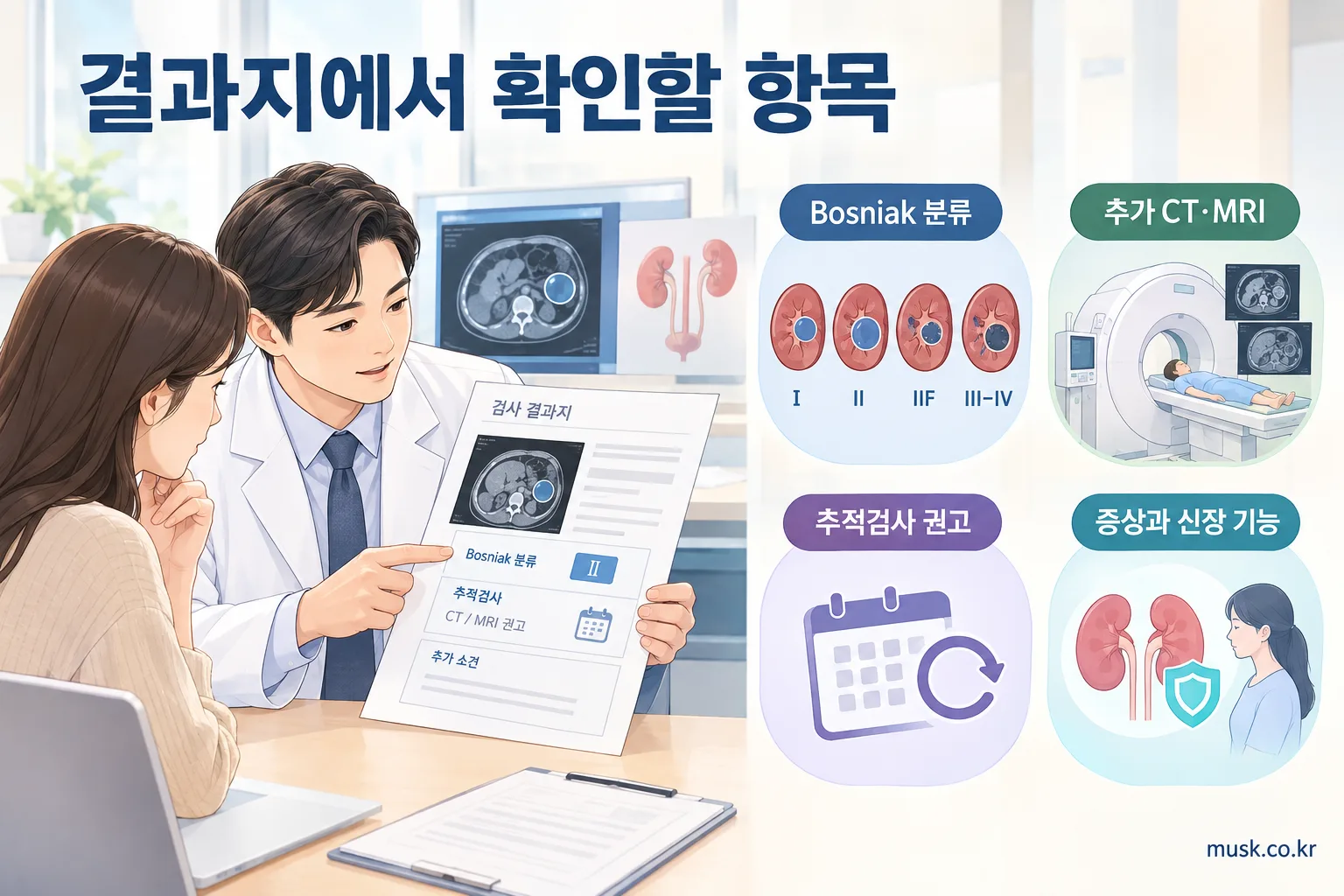 신장 낭종 결과지에서 Bosniak 분류와 추적검사를 확인하는 모습