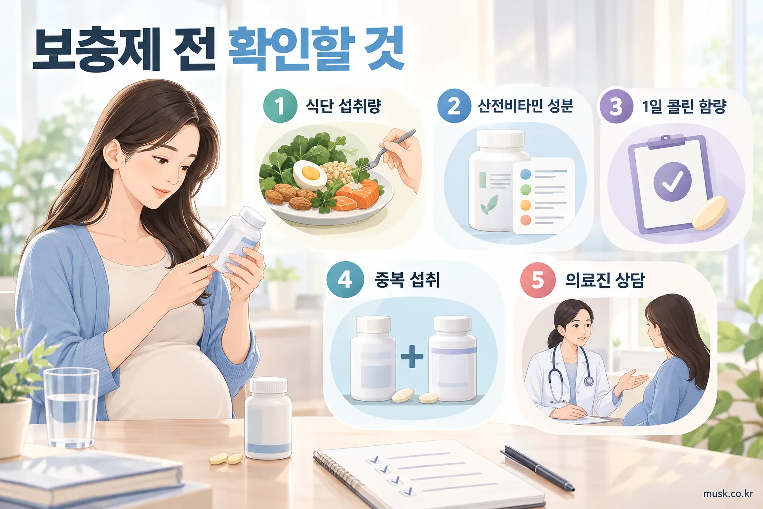 임신 중 콜린은 꼭 먹어야 하나 3 임산부가 산전비타민의 콜린 함량과 중복 섭취 여부를 확인하는 모습