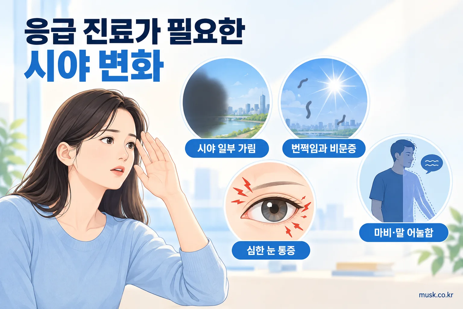 시야 일부 가림, 번쩍임, 비문증, 눈 통증, 신경학적 증상 등 응급 신호 설명 이미지