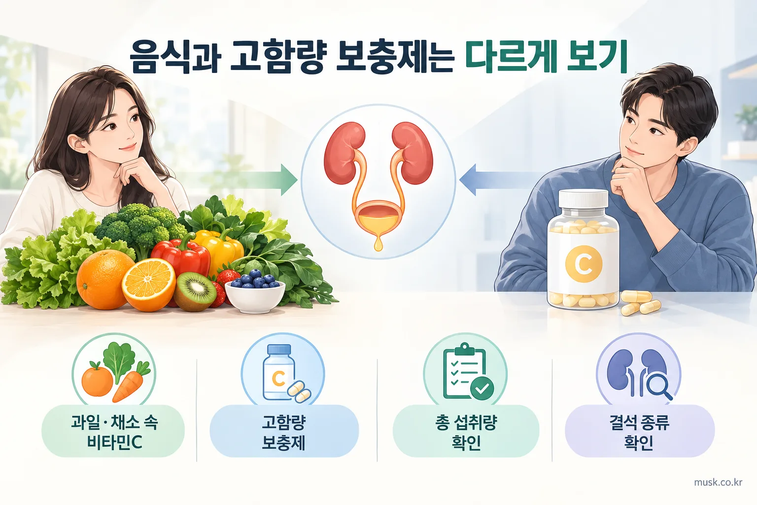 신장결석이 있으면 비타민C를 먹어도 될까? 2 과일과 채소의 식이 비타민C와 고함량 비타민C 보충제를 구분하는 설명 이미지