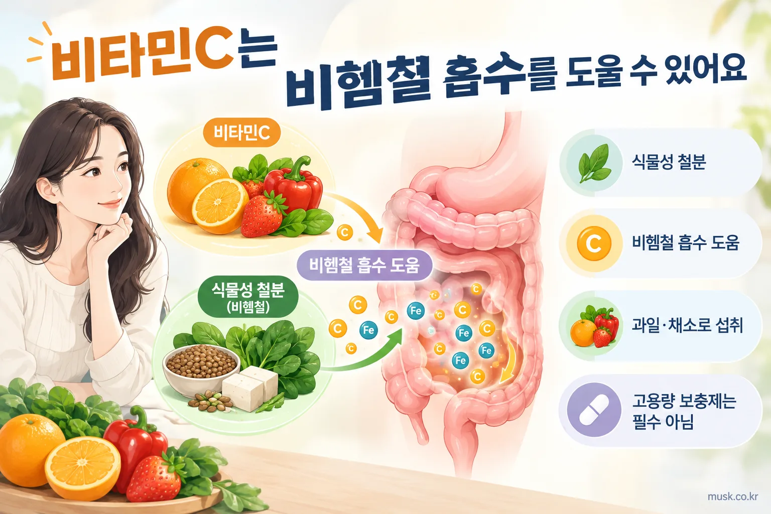 비타민C가 식물성 비헴철 흡수를 도울 수 있음을 설명하는 인포그래픽
