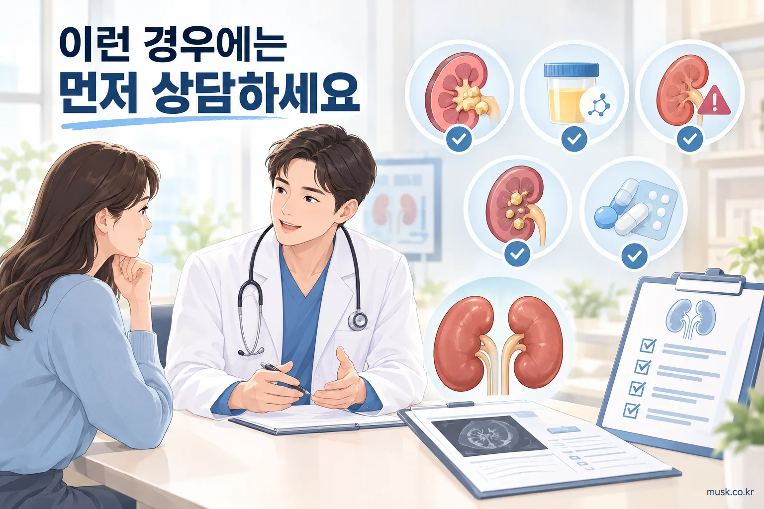 신장결석이 있으면 비타민C를 먹어도 될까? 3 칼슘옥살산 결석과 신장기능 저하 등 비타민C 복용 전 상담이 필요한 경우를 보여주는 이미지