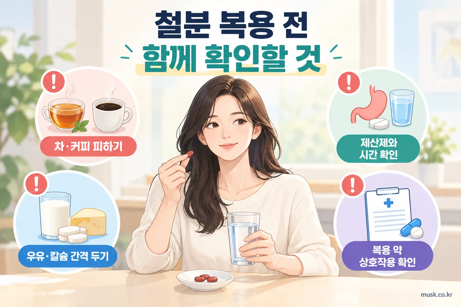 철분 복용 시 차와 커피, 우유, 칼슘, 제산제를 확인하는 주의사항 인포그래픽