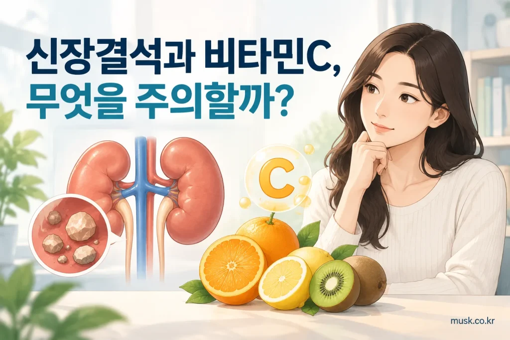 신장결석 병력이 있을 때 비타민C 보충제를 복용하기 전 주의사항을 보여주는 이미지